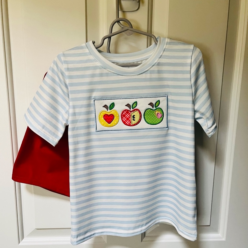 Sold.  New Blue Stripe Apple Embroidery Boy Set. Size 5 Sold